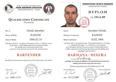 Dyplom Barman-Mixer II stopnia - Jastrzębia Góra